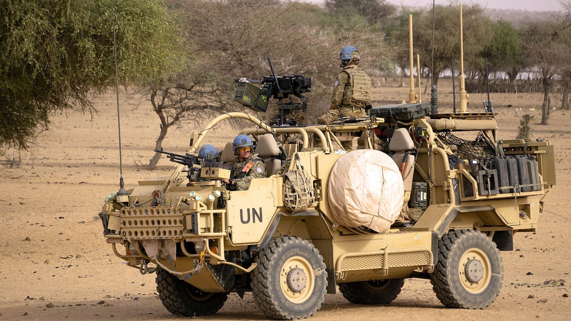 A British peacekeeping jeep patrolling Mali